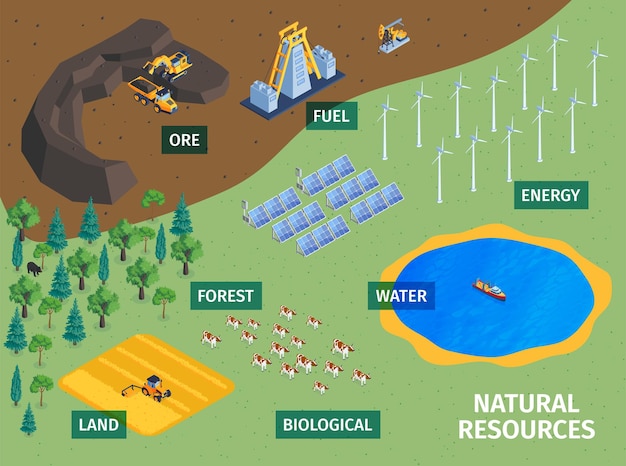 Bezpłatny wektor zasoby naturalne ziemia uprawy leśne biologiczny inwentarz rudy paliwo energia wiatru słonecznego woda izometryczny koncepcja ilustracji wektorowych