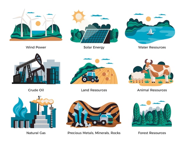 Bezpłatny wektor zasoby środowiska naturalnego ustawione z symbolami energii wiatru i energii słonecznej płaskie izolowane ilustracji wektorowych