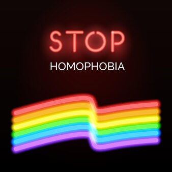 Zatrzymaj kartę homofobii z neonowymi literami i tęczową flagą lgbt