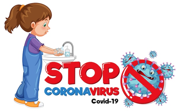 Zatrzymaj sztandar koronawirusa z dziewczyną myjącą ręce na białym tle