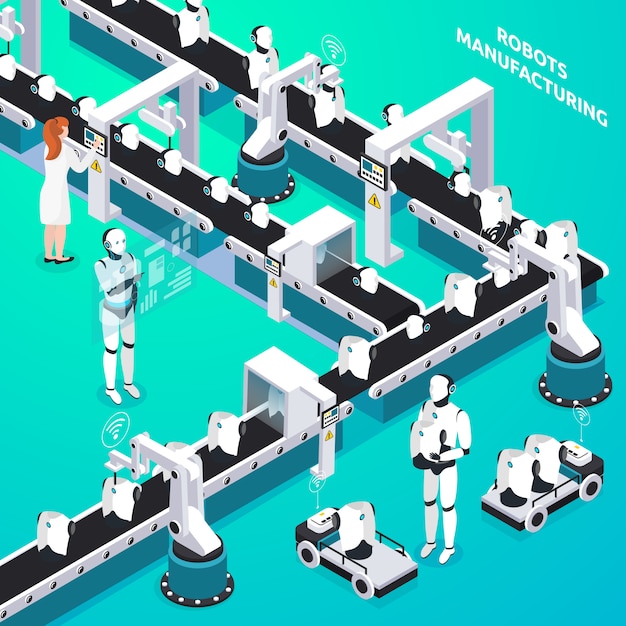 Bezpłatny wektor zautomatyzowana linia produkcyjna robotów domowych z kobietami i operatorami humanoidalnymi kontrolującymi skład izometryczny procesu