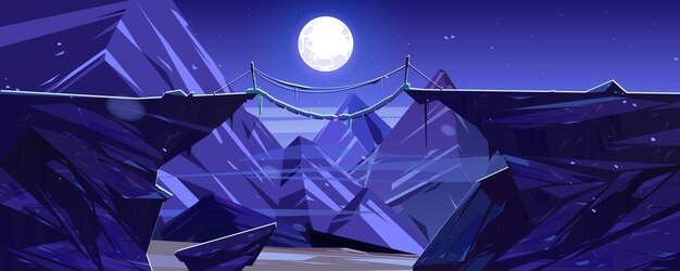 Zawieszony górski most nad nocnymi klifowymi szczytami skalnymi i scenerią pełni księżyca