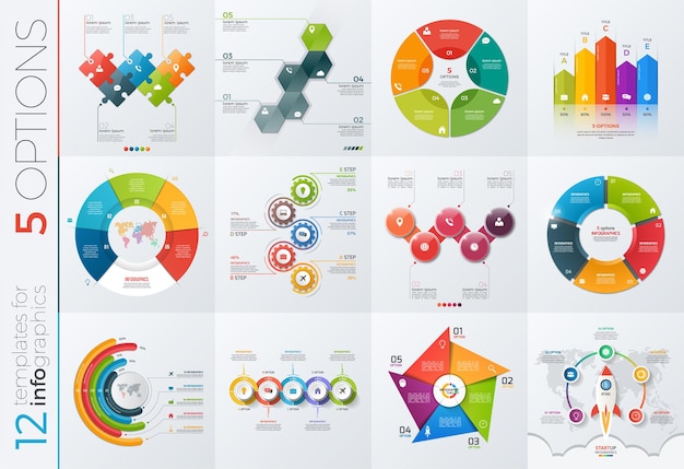 Zbiór 12 szablonów wektorowych do infografik z 5 opcjami prezentacji, reklamy, layoutów, raportów rocznych