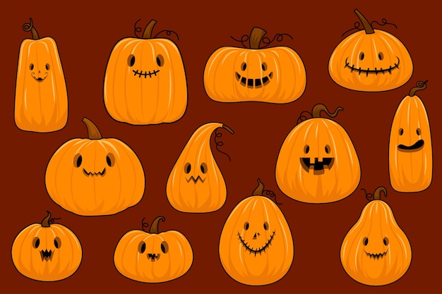 Zbiór dyni Halloween w stylu płaski wektor. ilustracja treści, baner, plakat, kartka z życzeniami.