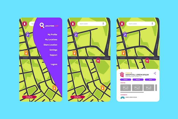 Bezpłatny wektor zbiór ekranów aplikacji lokalizacyjnych