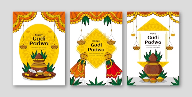 Bezpłatny wektor zbiór ręcznie narysowanych kart powitalnych na festiwal gudi padwa