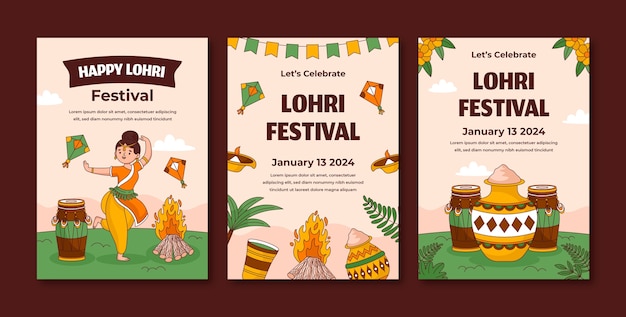 Bezpłatny wektor zbiór ręcznie narysowanych kart z pozdrowieniami na festiwal lohri