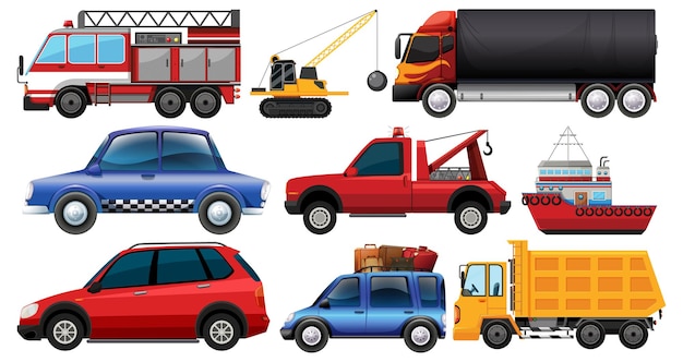 Bezpłatny wektor zbiór różnego rodzaju samochodów i ciężarówek na białym tle