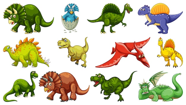 Zbiór Różnych Dinozaurów Postać Z Kreskówki Na Białym Tle