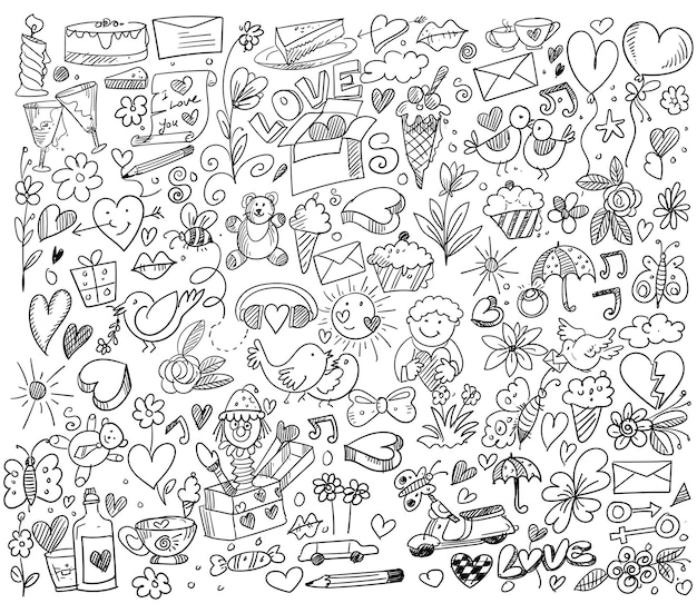 Zbiór różnych doodle serca szkic projektu