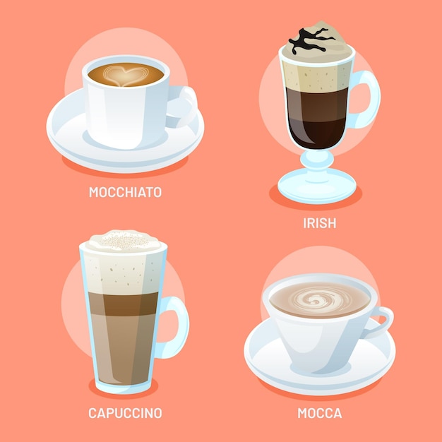 Bezpłatny wektor zbiór różnych rodzajów pysznej kawy