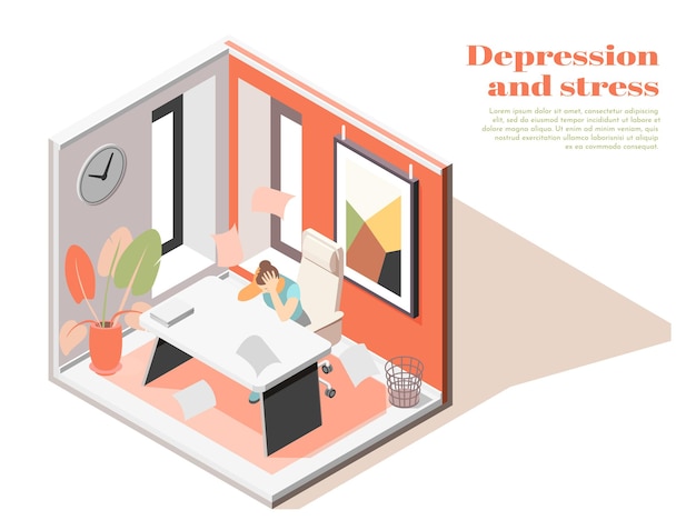 Zdrowie psychiczne w miejscu pracy izometryczny skład z ilustracją objawów depresji związanej z pracą pracownika płci męskiej