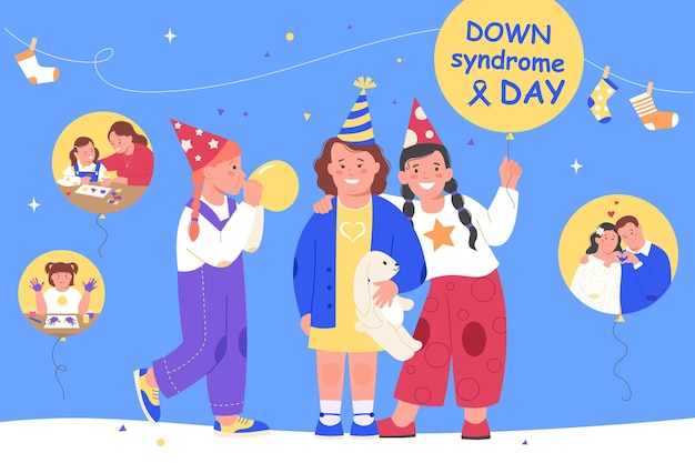 Bezpłatny wektor zespół downa płaski kolorowy koncepcja dzieci świętują dzień z balonami i konfetti ilustracji wektorowych