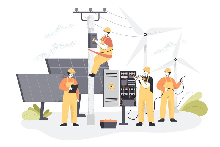 Bezpłatny plik Wektor zespół pracowników budowlanych przy turbinach wiatrowych i panelach słonecznych. instalacja lub naprawa ilustracji wektorowych płaskie słupy elektryczne. serwis, elektryczność, koncepcja energii odnawialnej