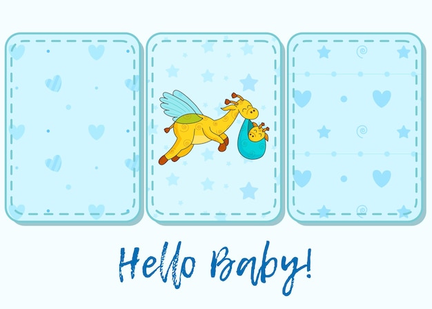 Zestaw 3 wzorów i napisów. pocztówka dla noworodka. śmieszna latająca żyrafa. cześć kochanie. gratulujemy narodzin dziecka. akt urodzenia. witaj świecie.