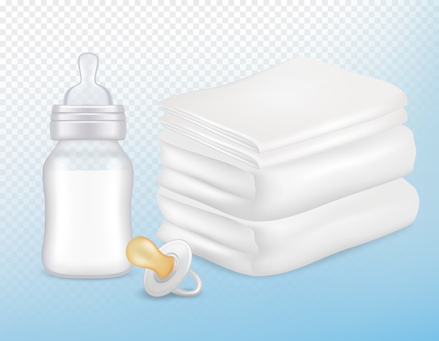 Zestaw akcesoriów do pielęgnacji dziecka. realistyczna ilustracja białych ręczników, smoczka, butelki mleka noworodka z silikonowym smoczkiem na przezroczystym tle.