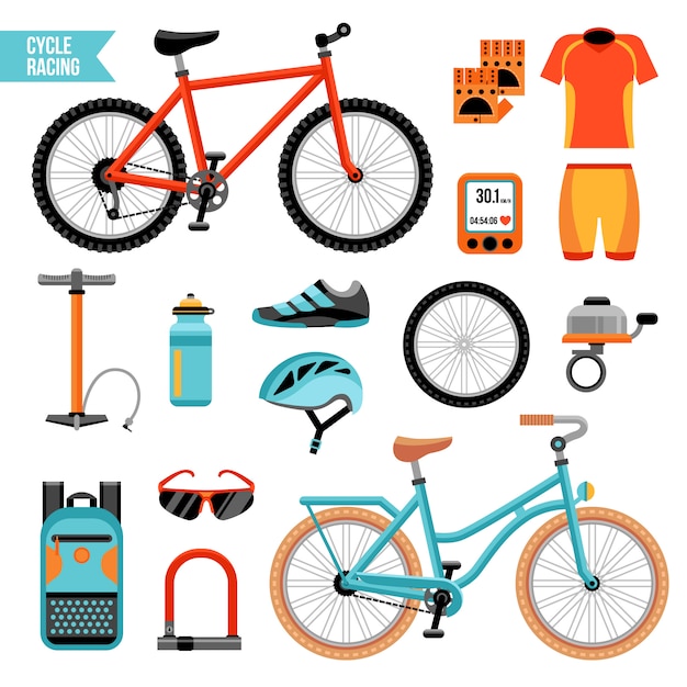 Bezpłatny wektor zestaw akcesoriów rowerowych i rowerowych