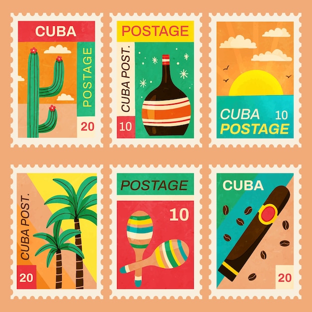 Bezpłatny wektor zestaw akwareli kubańskich znaczków