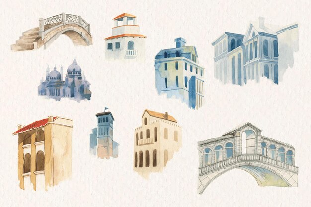 zestaw akwareli w stylu vintage europejskiej architektury