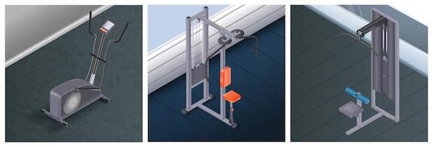 Bezpłatny wektor zestaw aparatury treningowej realistycznego trenera eliptycznego motyla i maszyn górnego bloku na białym tle ilustracji wektorowych