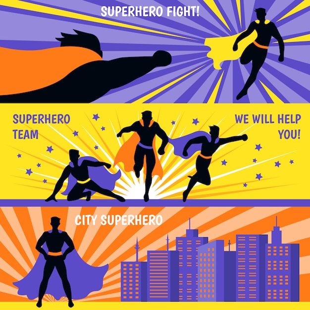 Bezpłatny wektor zestaw bannerów poziomych superbohatera