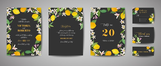 Zestaw botaniczny ślub zaproszenia karty, vintage zapisz datę, szablon projektu cytryny owoców kwiatów i liści, ilustracja kwiat. wektor modny okładka, plakat graficzny, broszura