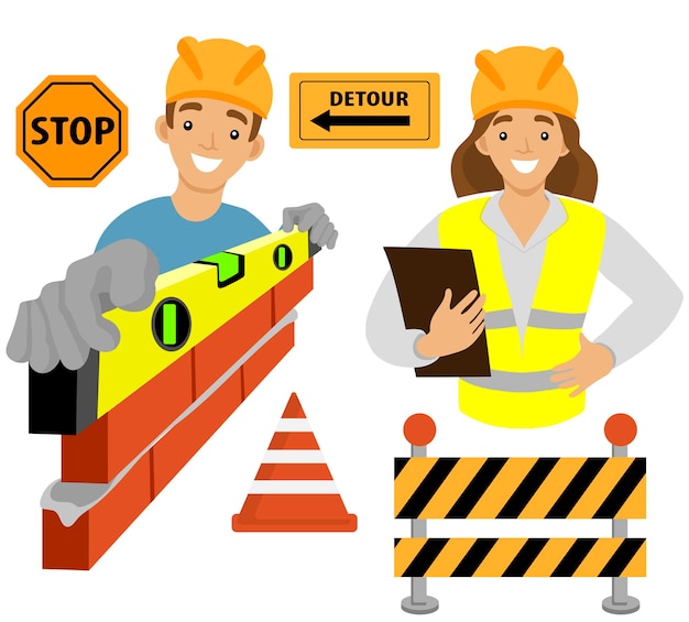 Zestaw budowniczych kobieta inżynier mężczyzna układanie cegieł znak stopu budowy trójkąta znak objazdu