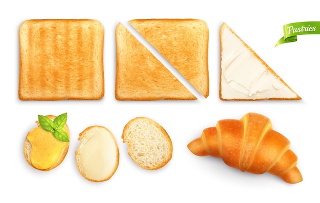 Bezpłatny wektor zestaw ciastek śniadaniowych z izolowanymi widokami z góry kromek chleba tostowego croissant z dodatkami masła ilustracji wektorowych