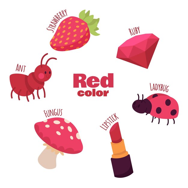 Zestaw czerwonych obiektów i słów słownictwa