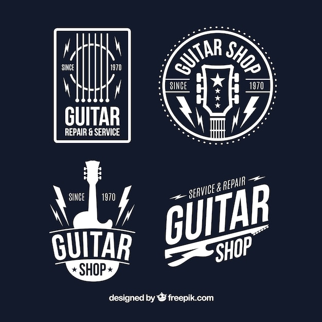 Bezpłatny wektor zestaw czterech gitarowych logo w płaskim stylu