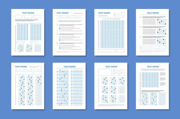Zestaw czterech pionowych arkuszy testowych z realistycznymi kolorowymi arkuszami egzaminacyjnymi z edytowalnym tekstem