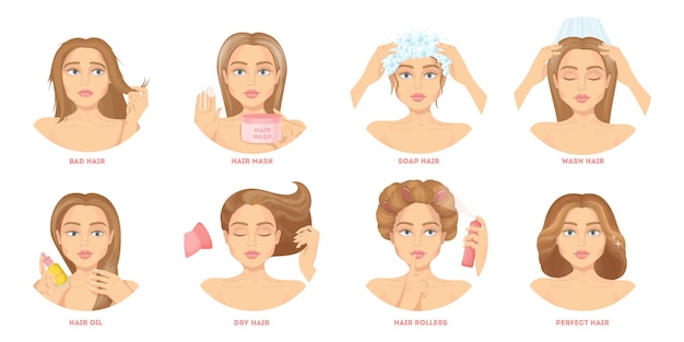 Bezpłatny wektor zestaw do pielęgnacji włosów infografika kobiety pokazująca jak dbać o włosy