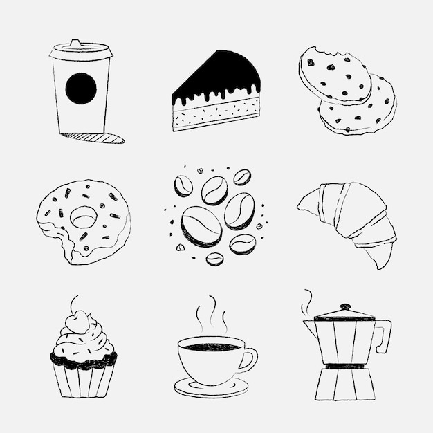 Bezpłatny wektor zestaw do projektowania kawy i ciasta doodle wektor