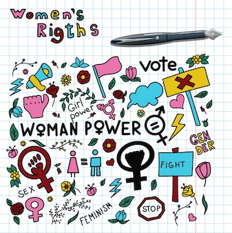 Zestaw doodle znaków feminizmu praw kobiet grunge ręcznie rysowane wektorowe ikony protestu feminizmu ...