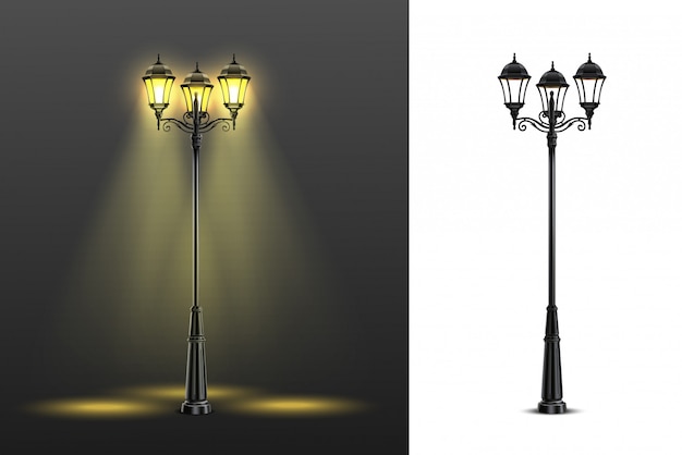 Zestaw dwóch realistycznych latarni ulicznych z ilustracjami wielokolorowych i czarno-białych kompozycji