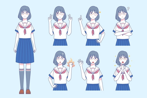 Bezpłatny wektor zestaw dziewczyna o różnych emocjach w stylu manga