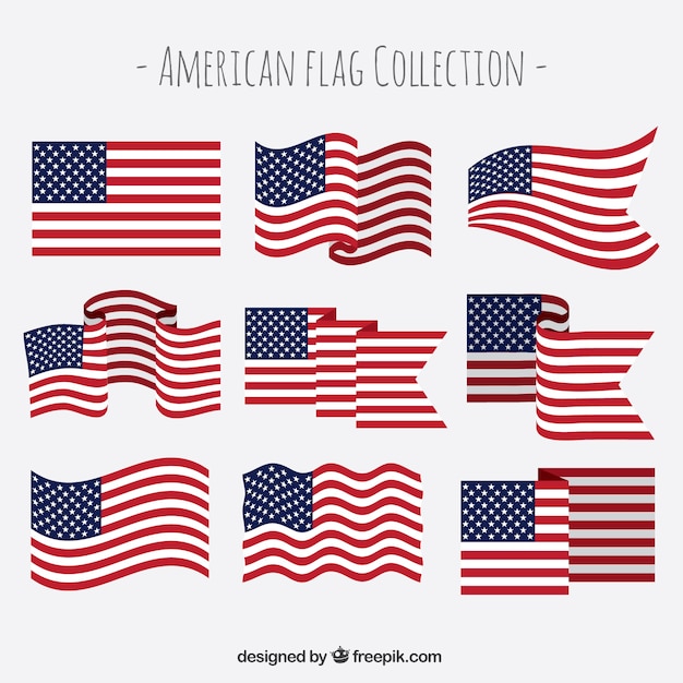 Zestaw dziewięciu amerykańskich flag z różnych wzorów