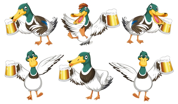 Bezpłatny wektor zestaw dzikiej kaczki pijącej piwo w różnych pozach