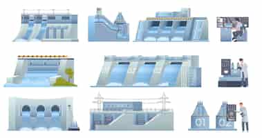 Bezpłatny wektor zestaw elektrowni wodnych w płaski na białym tle na białym tle ilustracji wektorowych