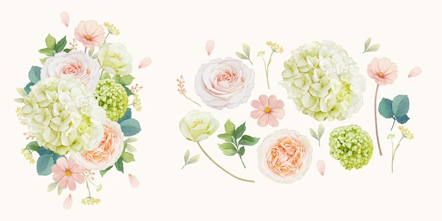Bezpłatny wektor zestaw elementów akwarela brzoskwiniowych róż i kwiatu hortensji