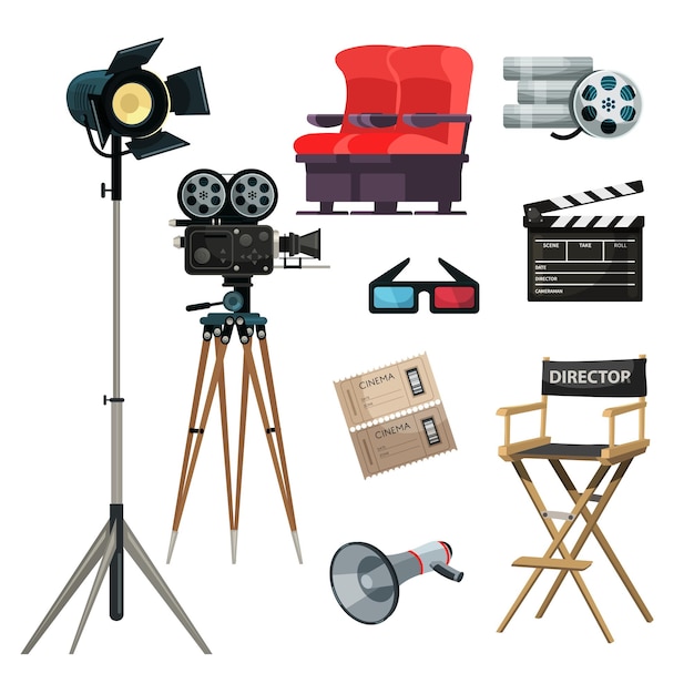 Bezpłatny wektor zestaw elementów kinematografii bilet do kina okulary 3d taśma filmowa reżyser krzesło klasyczny film klakier głośnik kamera
