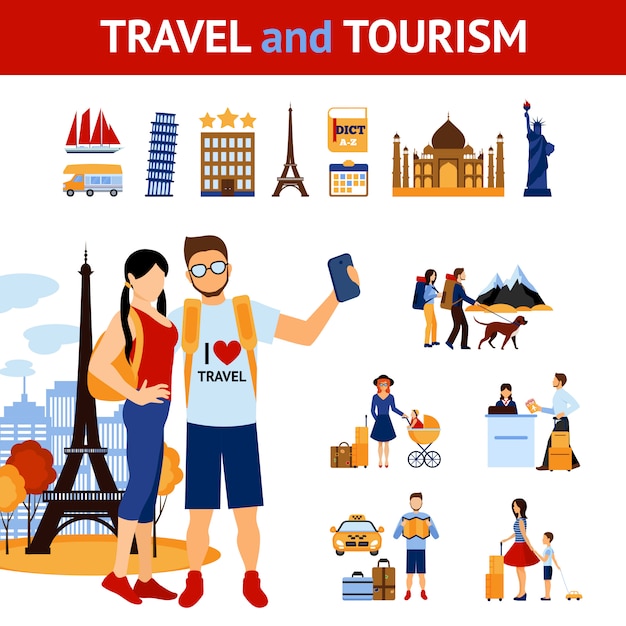 Bezpłatny wektor zestaw elementów podróży i turystyki
