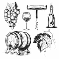 Bezpłatny wektor zestaw elementów winiarskich (beczka, winogrona, butelka itp.)