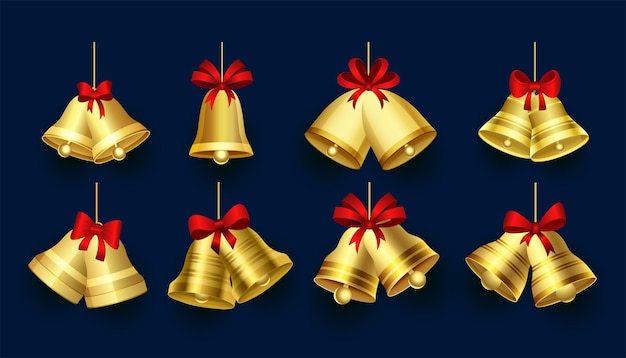 Bezpłatny wektor zestaw elementów złotego dzwonka na boże narodzenie projekt ilustracji wektorowych