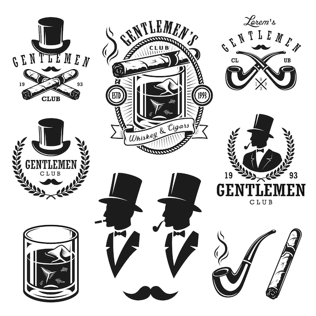 Zestaw Emblematów, Etykiet, Odznak I Zaprojektowanych Elementów Panowie Vintage. Styl Monochromatyczny