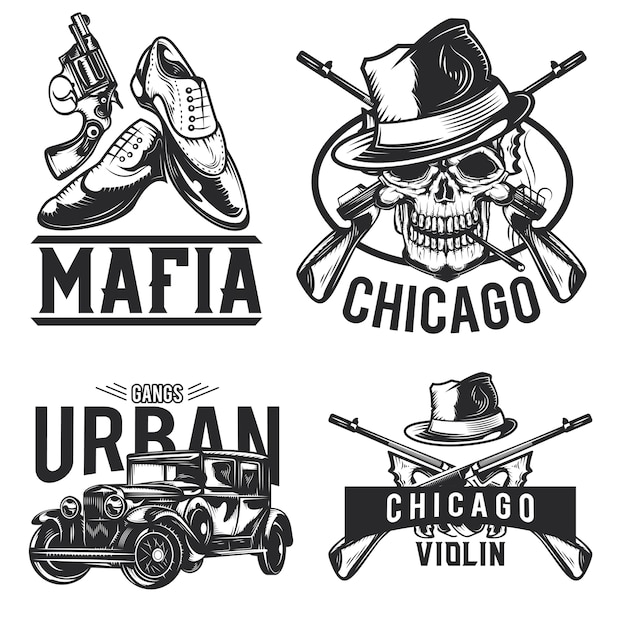 Bezpłatny wektor zestaw emblematów mafii, etykiet, odznak, logo. na białym tle
