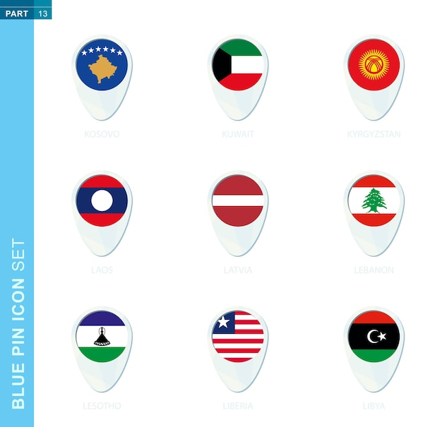 Zestaw flag pin, ikona lokalizacji mapy w kolorach niebieskim z flagą kosowa, kuwejtu, kirgistanu, laosu, łotwy, libanu, lesotho, liberii, libii