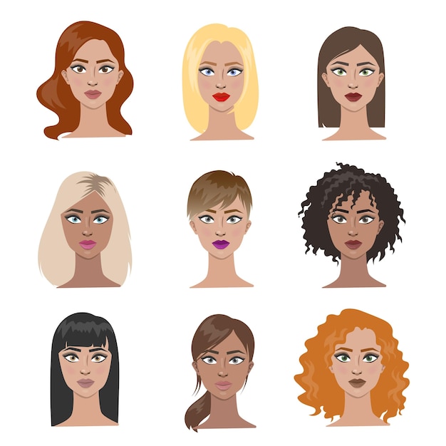 Bezpłatny wektor zestaw fryzur dla kobiet wszystkie rodzaje włosów o różnym kolorze włosów