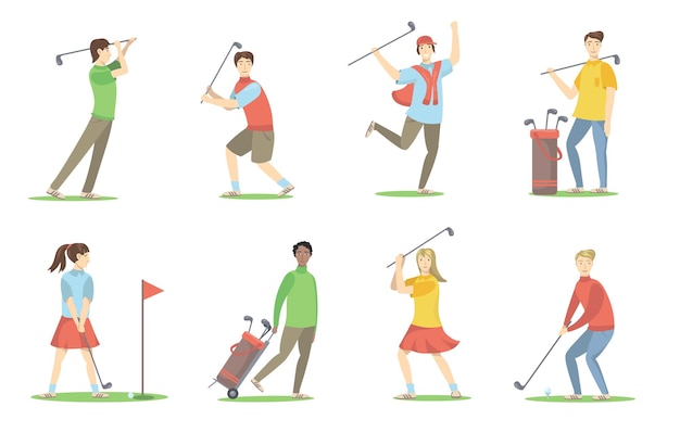 Zestaw Graczy W Golfa. Kreskówka Ludzie Z Biustonoszami Grają W Golfa Na Trawniku, Bawią Się, Cieszą Się Aktywnością. Płaska Ilustracja