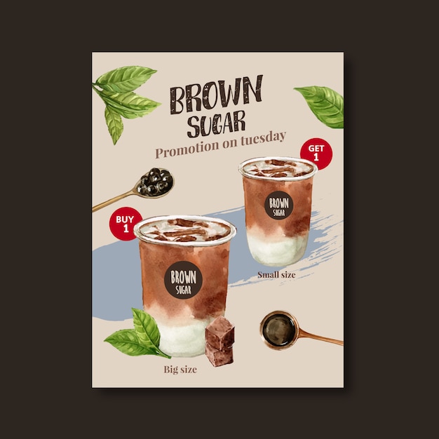 Bezpłatny wektor zestaw herbaty mlecznej bańki brązowego cukru, reklama plakat, szablon ulotki, ilustracja akwarela